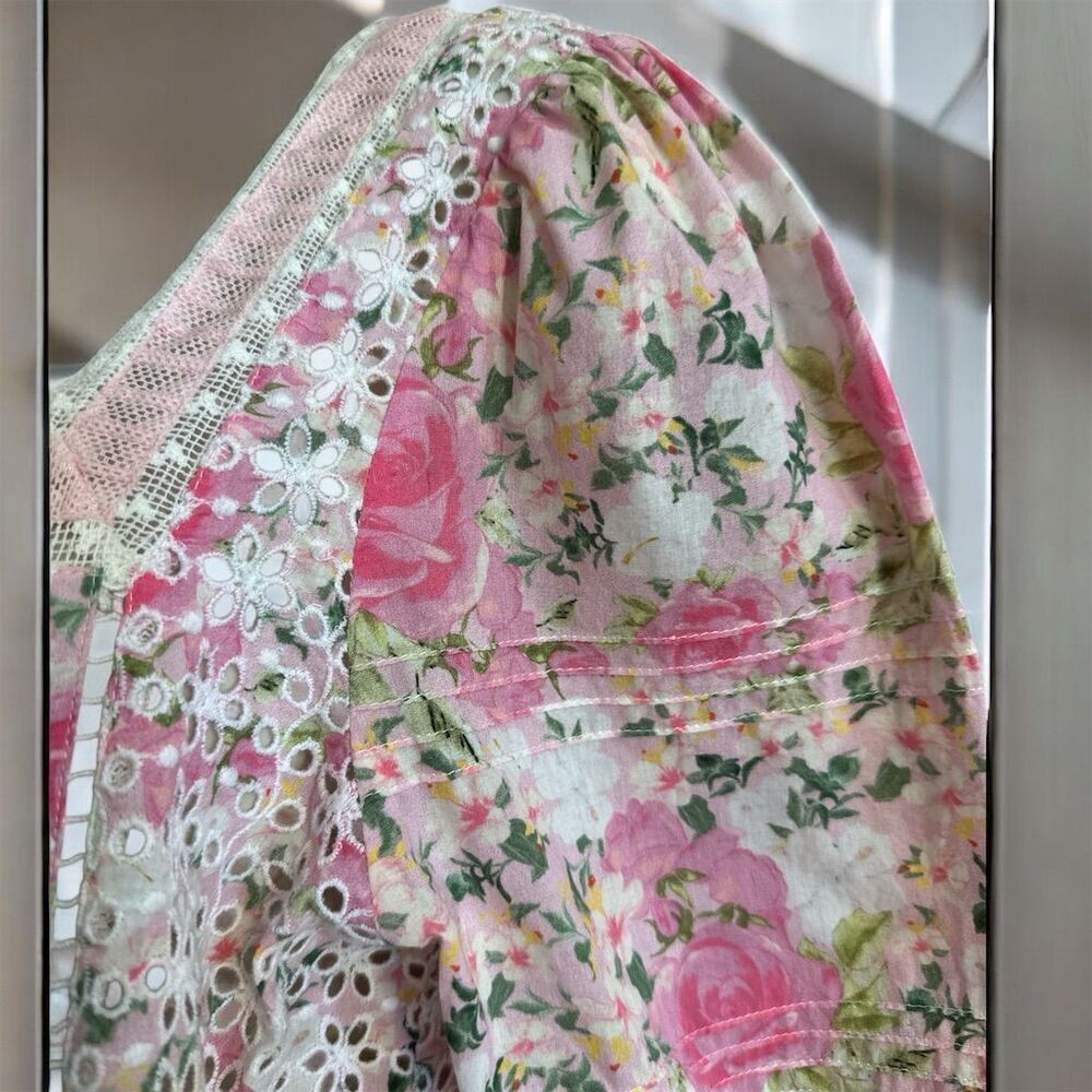 LoveShackFancy Romantic Eyelet Pink White Floral Square Neck Blouse Sleeve - Picture 5 of 12